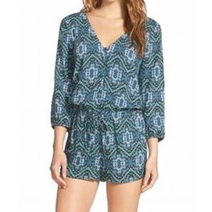 Ella Moss Green and Blue Button Down ¾ Sleeve Romper